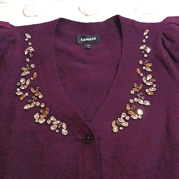 EXPRESS ⚜️ Rheinstone Embellished Puff Sleeve Cardigan.   XL - Picture 3 of 11